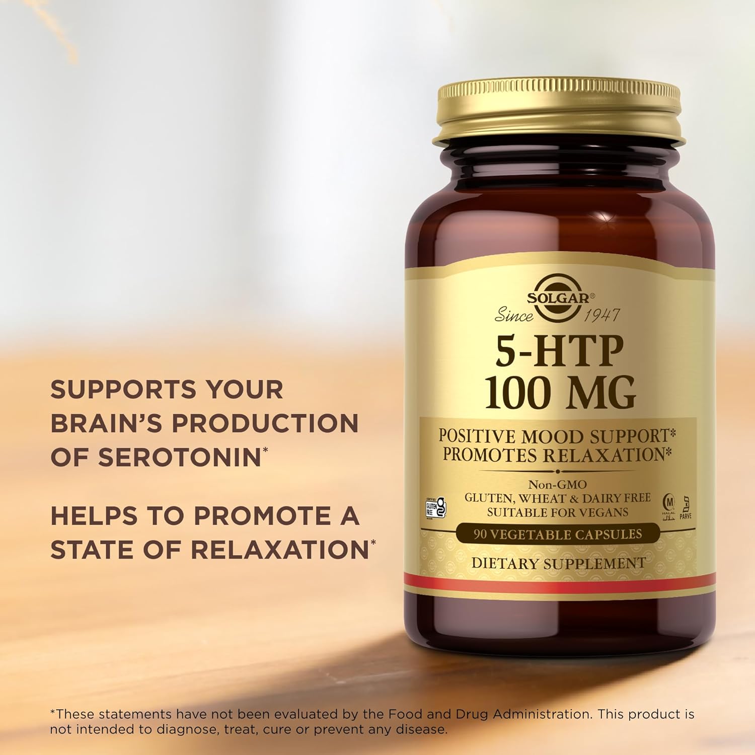 Solgar 5-HTP 100mg Capsules - Supports Relaxation - Non-GMO, Vegan, Kosher, Halal, Gluten-Free - 90 Servings