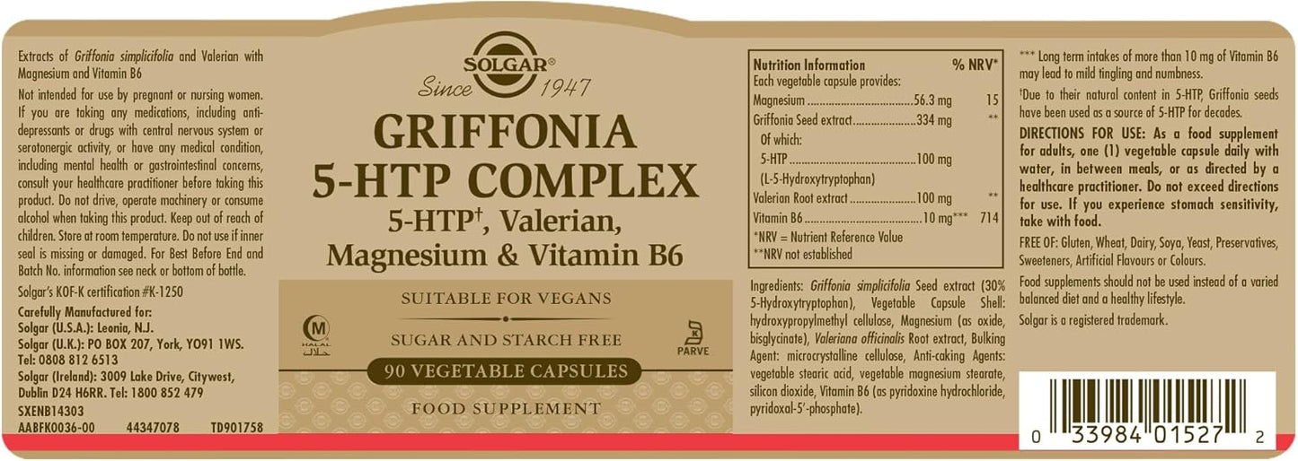 Solgar 5-HTP Capsules 100mg - Natural Stress Relief & Mood Booster - Non-GMO, Vegan, Gluten Free - 90 Servings