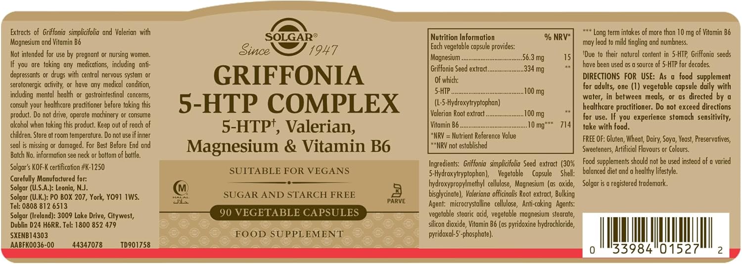 Solgar 5-HTP Capsules 100mg - Natural Stress Relief & Mood Booster - Non-GMO, Vegan, Gluten Free - 90 Servings