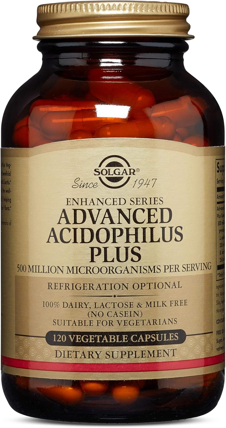 Solgar Advanced Acidophilus Plus Capsules - 500 Million Microorganisms - Supports Healthy Intestinal Flora - Gluten & Dairy Free - Vegetarian - 120 Servings