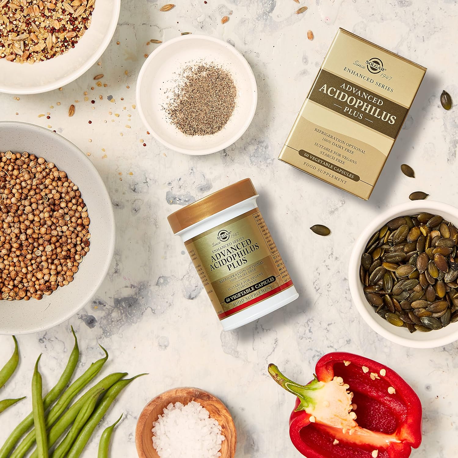 Solgar Advanced Acidophilus Plus Capsules - 500 Million Microorganisms - Supports Healthy Intestinal Flora - Gluten & Dairy Free - Vegetarian - 120 Servings