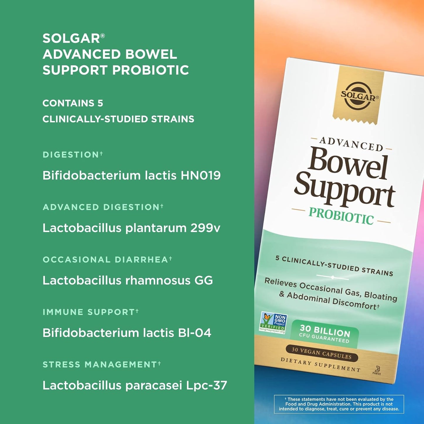 Solgar Advanced Bowel Support Probiotic - 30 Billion CFU, 30 Vegan Capsules - 5 Clinically-Studied Strains - Non-GMO & Vegan - Supports Digestive Health - BoostGo Australia