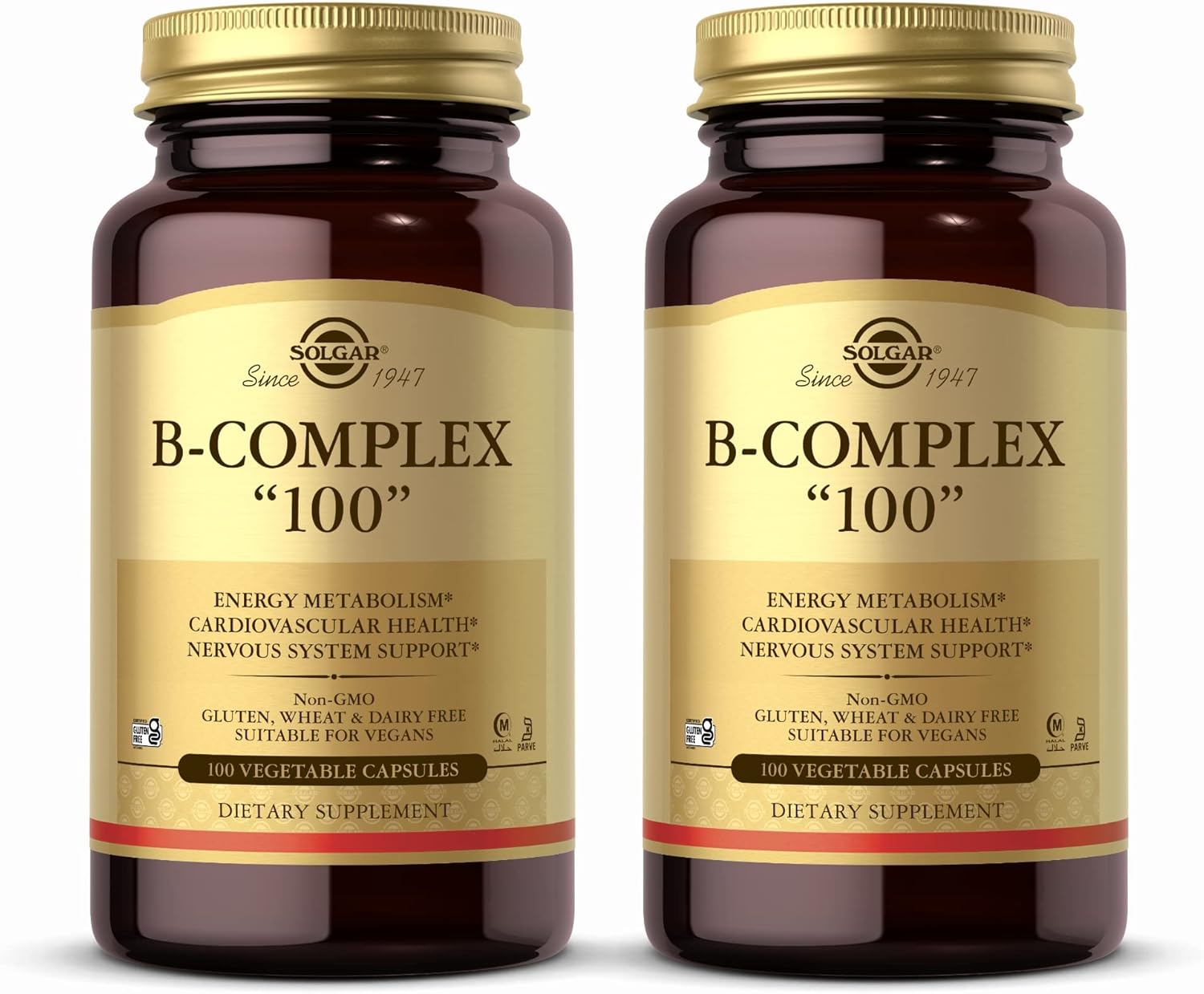 Solgar B-Complex "100" 100 Vegetable Capsules Pack of 2 - Energy Cardiovascular Nervous System Support - Non-GMO Vegan Gluten Free - 200 Servings