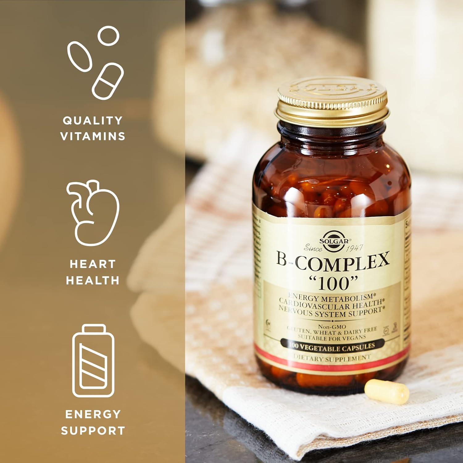 Solgar B-Complex "100" 100 Vegetable Capsules Pack of 2 - Energy Cardiovascular Nervous System Support - Non-GMO Vegan Gluten Free - 200 Servings