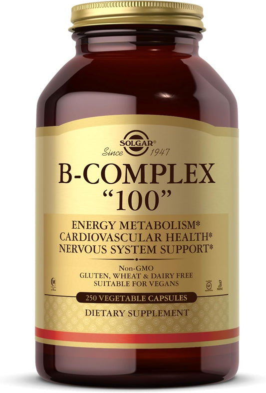 Solgar B-Complex "100" 250 Vegetable Capsules for Heart Health, Nervous System, and Energy Metabolism - Non-GMO, Vegan, Gluten/Dairy-Free - 250 Servings