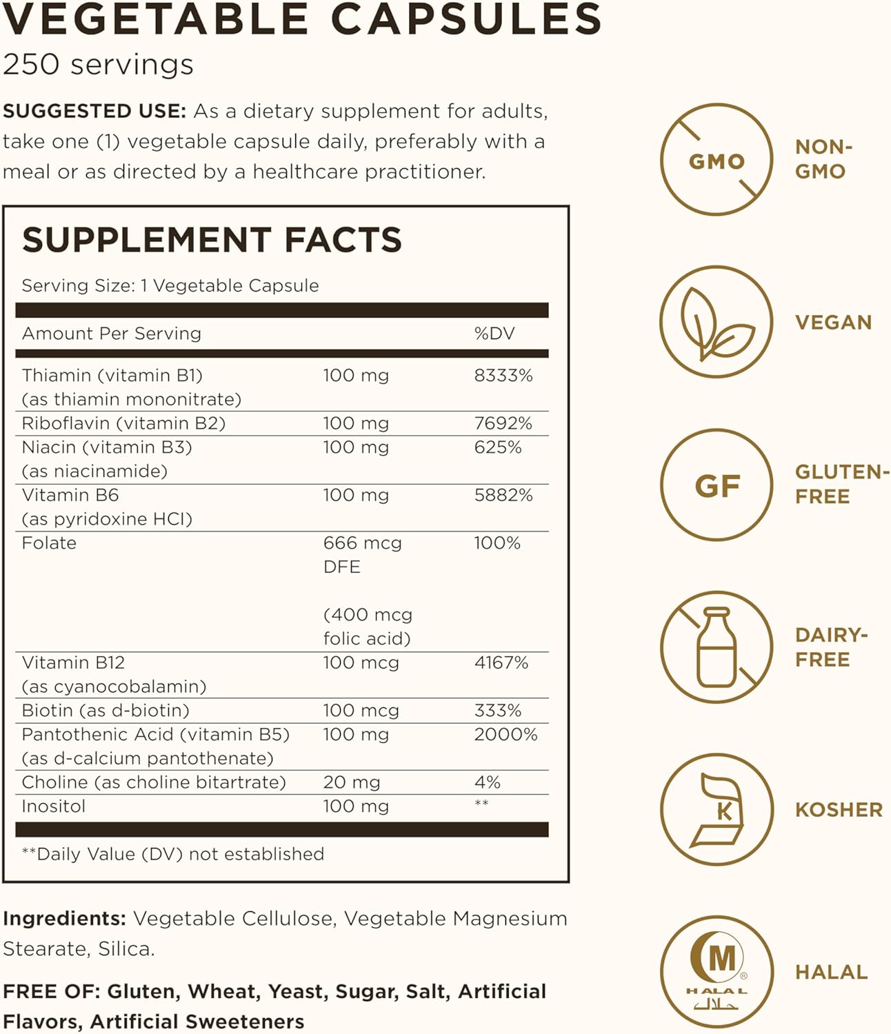 Solgar B-Complex "100" 250 Vegetable Capsules for Heart Health, Nervous System, and Energy Metabolism - Non-GMO, Vegan, Gluten/Dairy-Free - 250 Servings