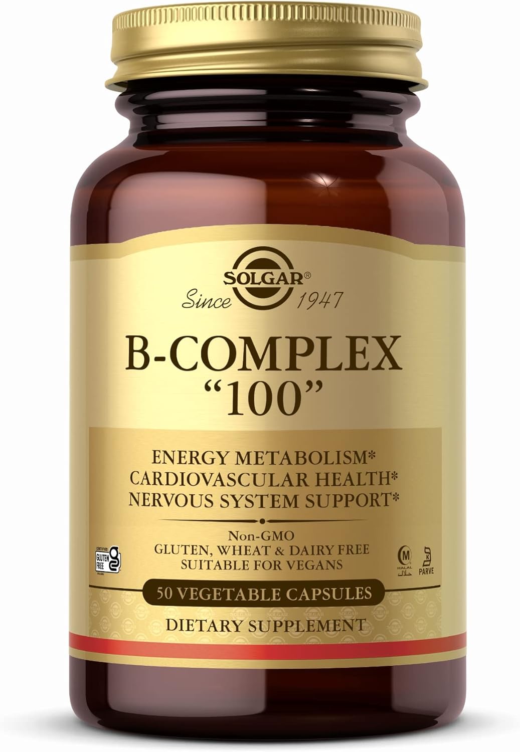 Solgar B-Complex "100" Vegetable Capsules - Supports Energy, Heart Health, Nervous System - Non-GMO, Vegan, Gluten-Free - 50 Servings