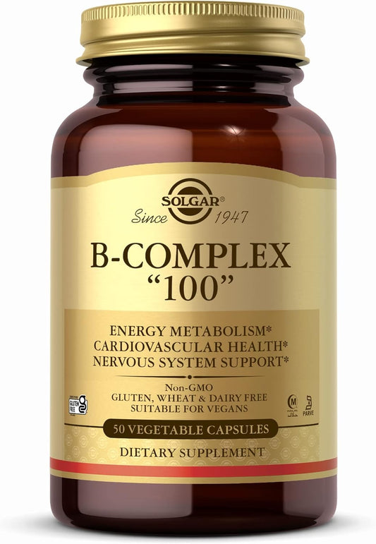 Solgar B-Complex "100" Vegetable Capsules - Supports Energy, Heart Health, Nervous System - Non-GMO, Vegan, Gluten-Free - 50 Servings