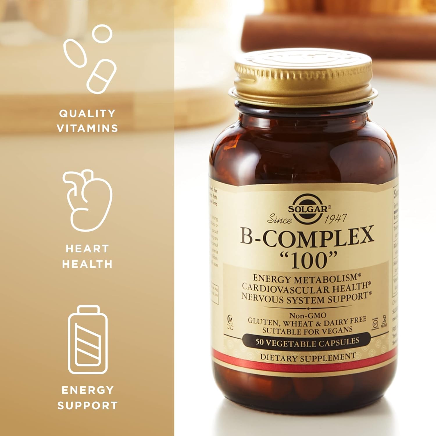 Solgar B-Complex "100" Vegetable Capsules - Supports Energy, Heart Health, Nervous System - Non-GMO, Vegan, Gluten-Free - 50 Servings