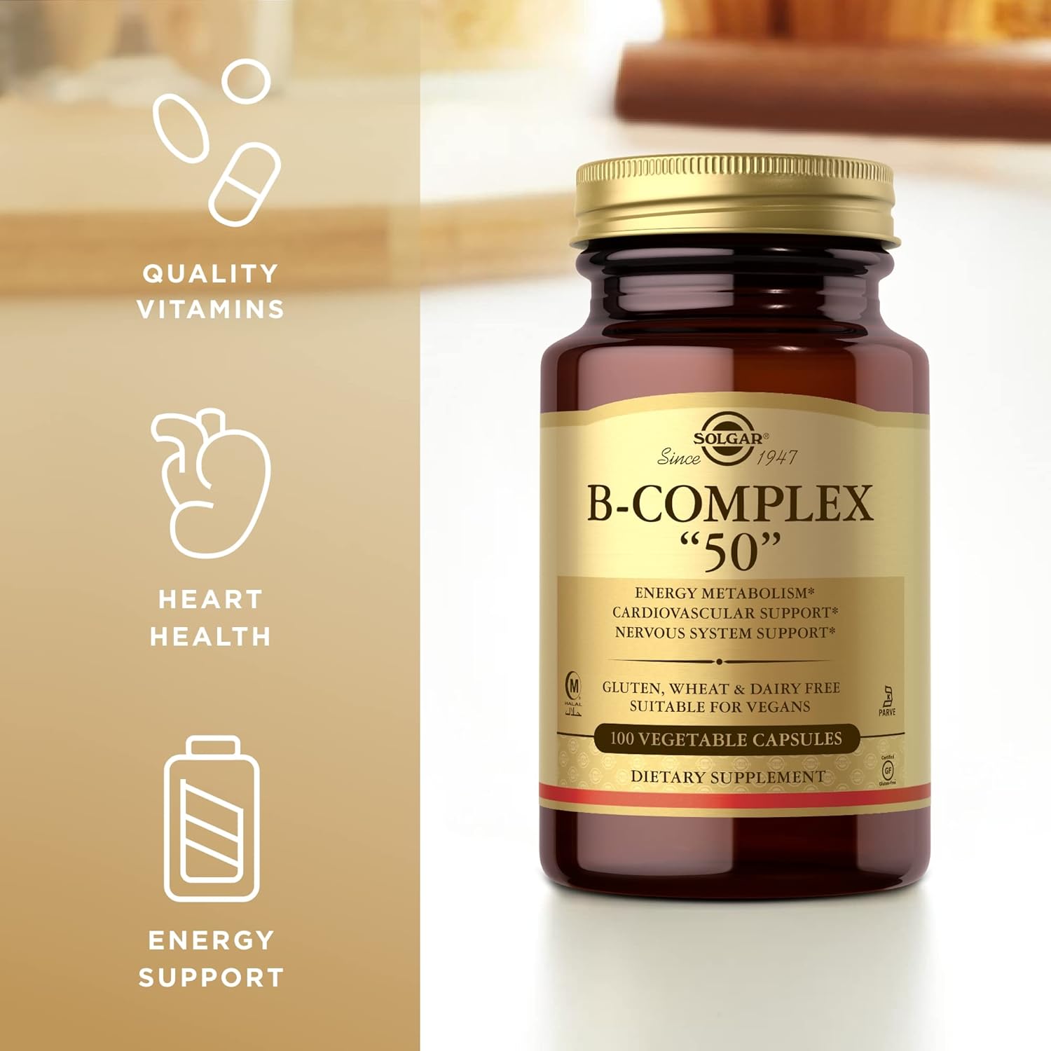 Solgar B-Complex "50" Capsules - Support Energy, Cardiovascular & Nervous System - Non-GMO, Vegan, Gluten Free - 100 Servings