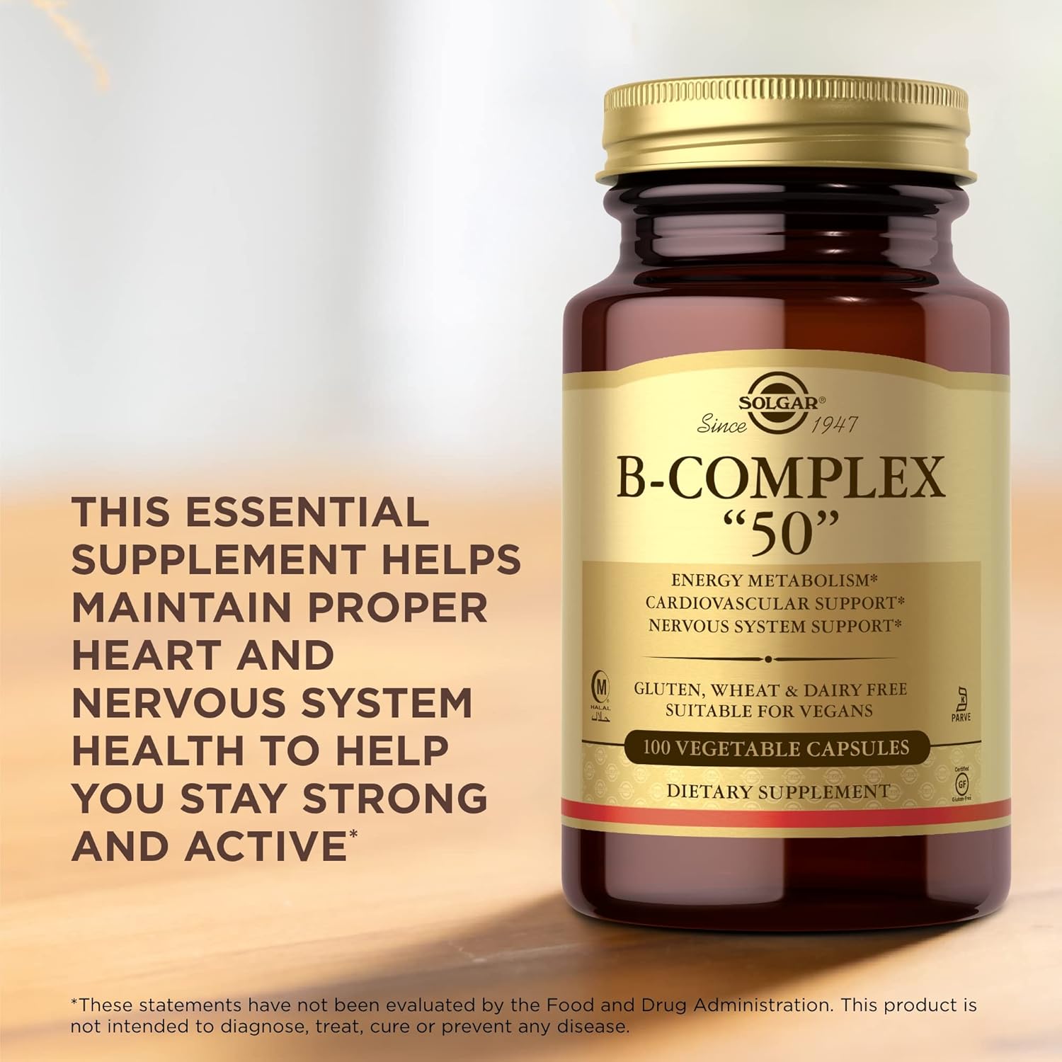 Solgar B-Complex "50" Capsules - Support Energy, Cardiovascular & Nervous System - Non-GMO, Vegan, Gluten Free - 100 Servings