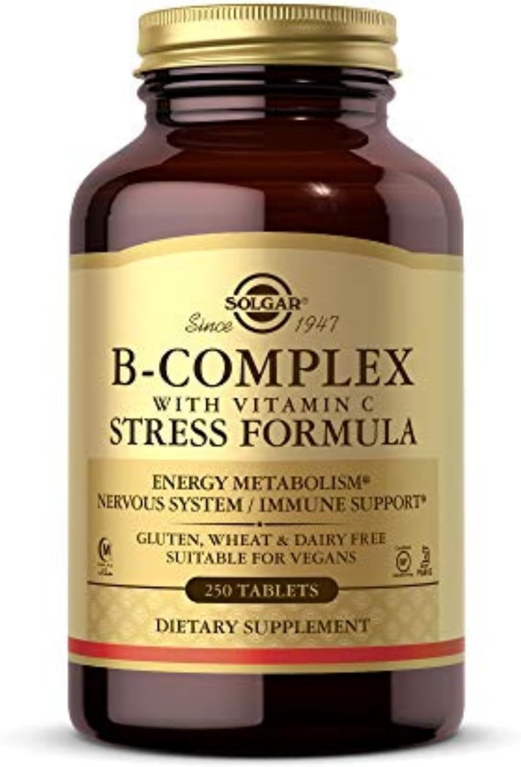 Solgar B-Complex with Vitamin C Stress Formula - 250 Tablets for Energy, Nervous System & Immune Support - Non-GMO, Vegan, Gluten Free, Dairy Free - 125 Servings