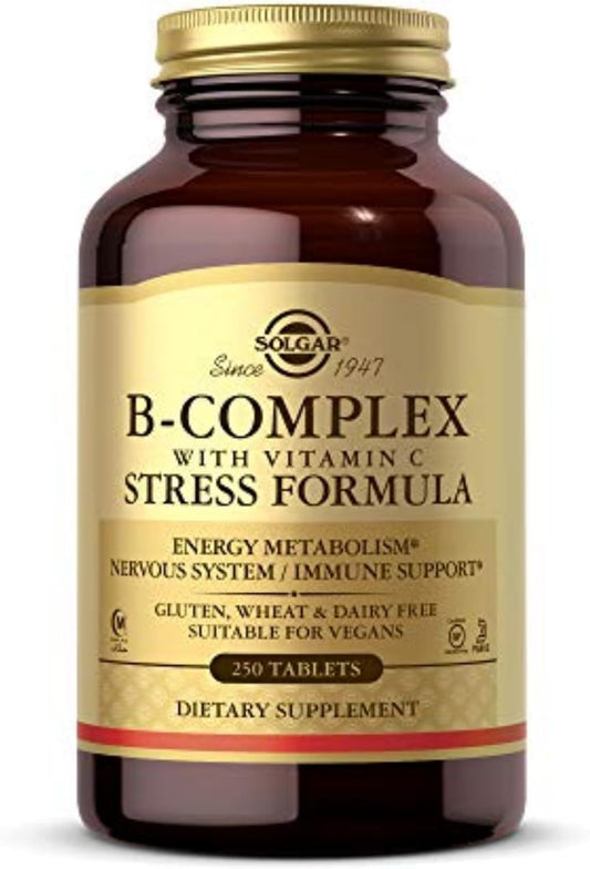 Solgar B-Complex with Vitamin C Stress Formula - 250 Tablets for Energy, Nervous System & Immune Support - Non-GMO, Vegan, Gluten Free, Dairy Free - 125 Servings