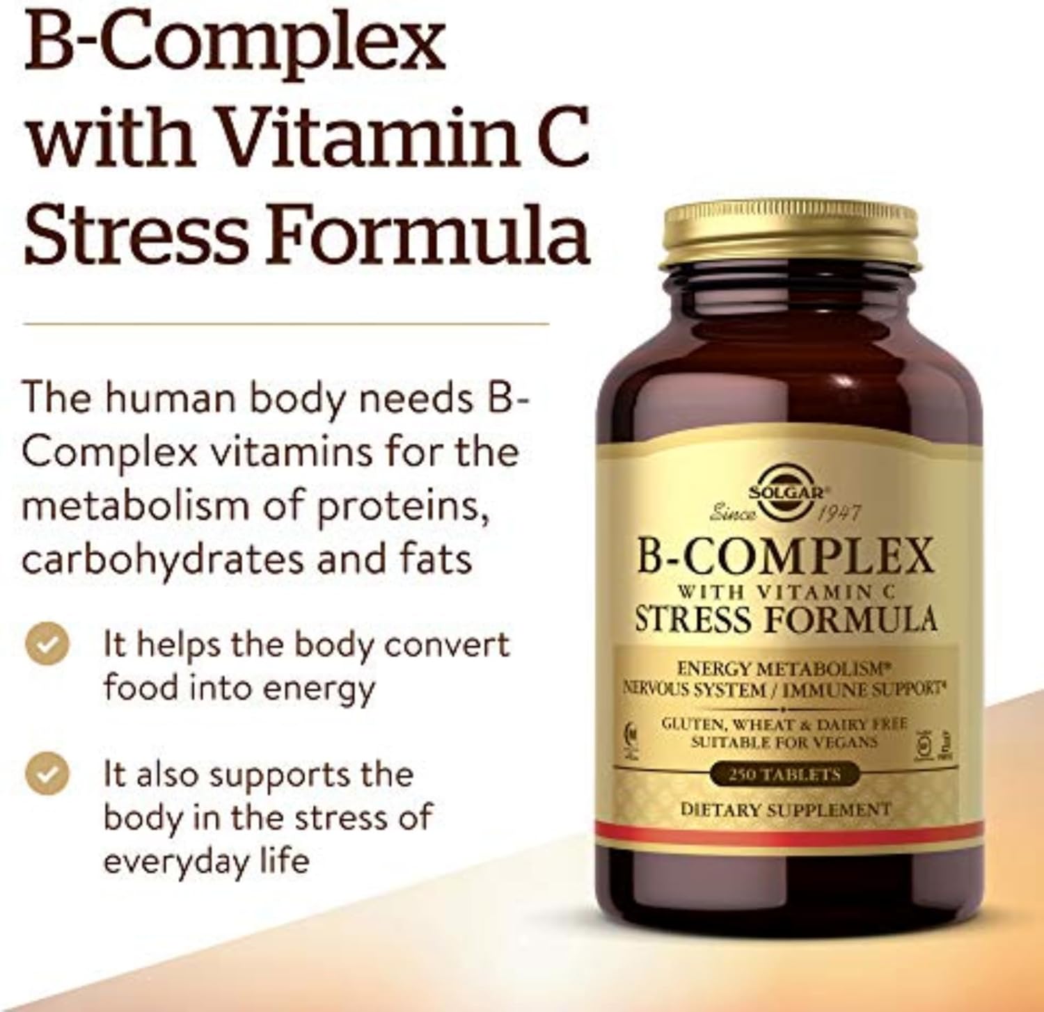 Solgar B-Complex with Vitamin C Stress Formula - 250 Tablets for Energy, Nervous System & Immune Support - Non-GMO, Vegan, Gluten Free, Dairy Free - 125 Servings
