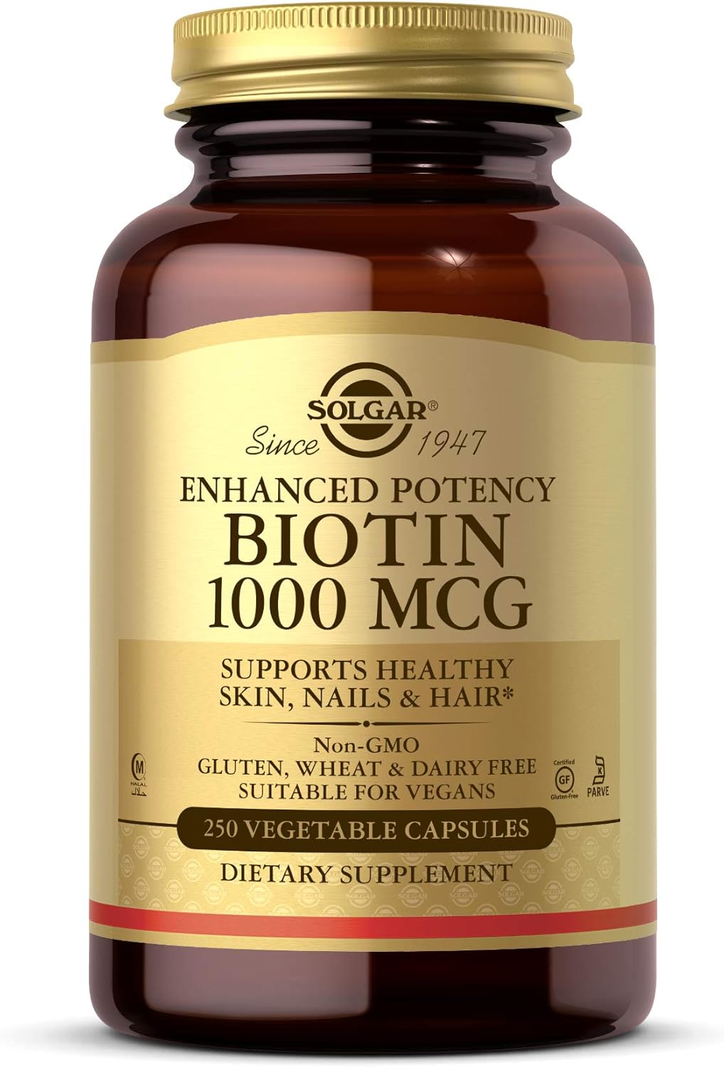 Solgar Biotin 1000 mcg Capsules - Promotes Healthy Skin, Nails & Hair - Energy Metabolism Support - Enhanced Potency - Non-GMO, Vegan, Gluten Free - 250 Servings