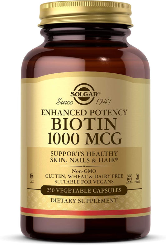 Solgar Biotin 1000 mcg Capsules - Promotes Healthy Skin, Nails & Hair - Energy Metabolism Support - Enhanced Potency - Non-GMO, Vegan, Gluten Free - 250 Servings