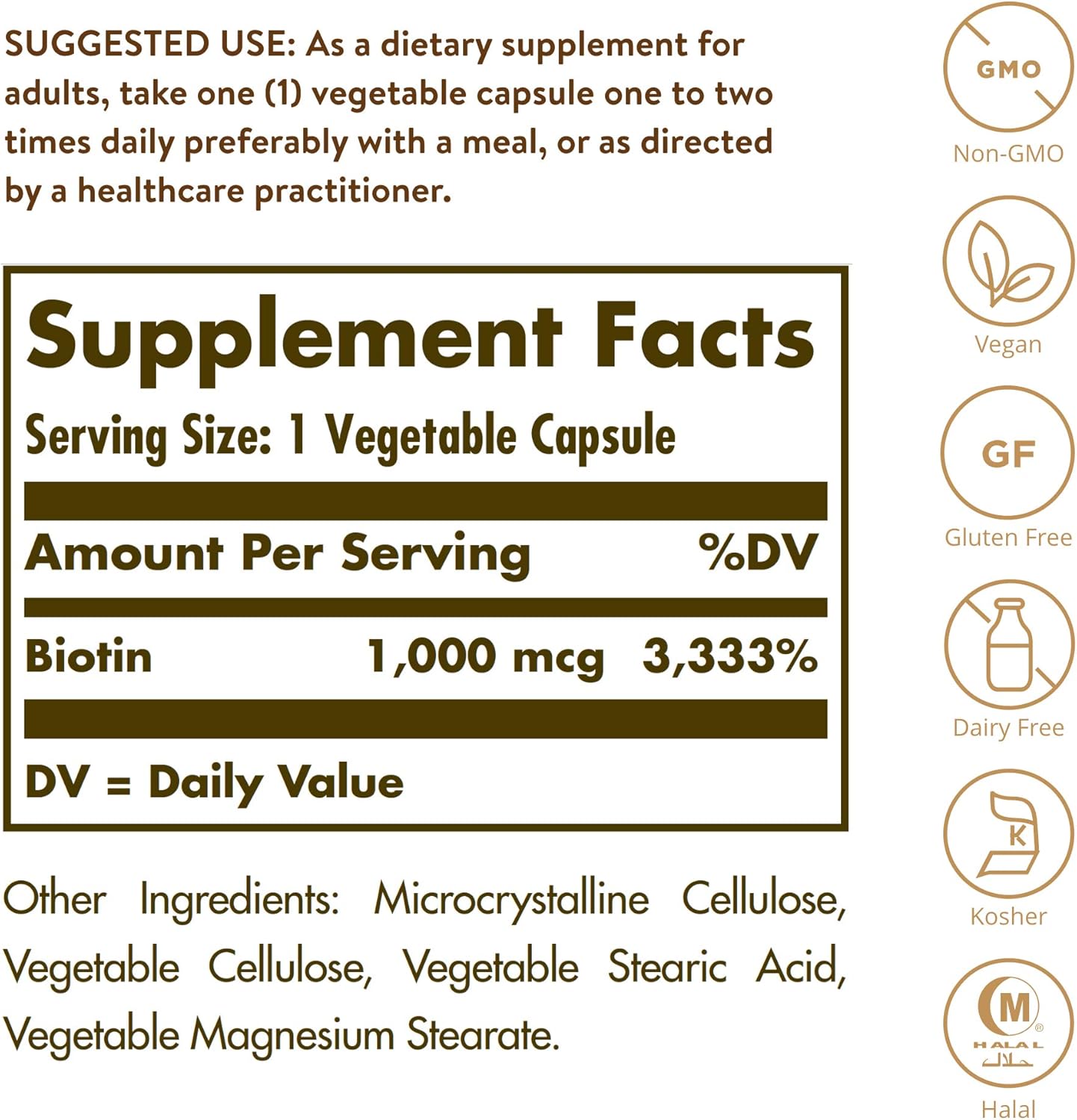 Solgar Biotin 1000 mcg Capsules - Promotes Healthy Skin, Nails & Hair - Energy Metabolism Support - Enhanced Potency - Non-GMO, Vegan, Gluten Free - 250 Servings
