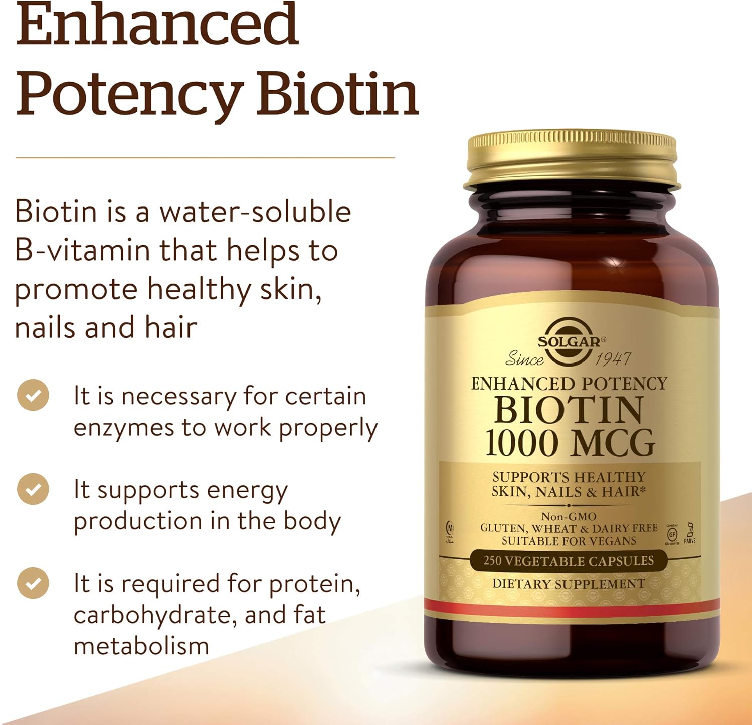 Solgar Biotin 1000 mcg Capsules - Promotes Healthy Skin, Nails & Hair - Energy Metabolism Support - Enhanced Potency - Non-GMO, Vegan, Gluten Free - 250 Servings