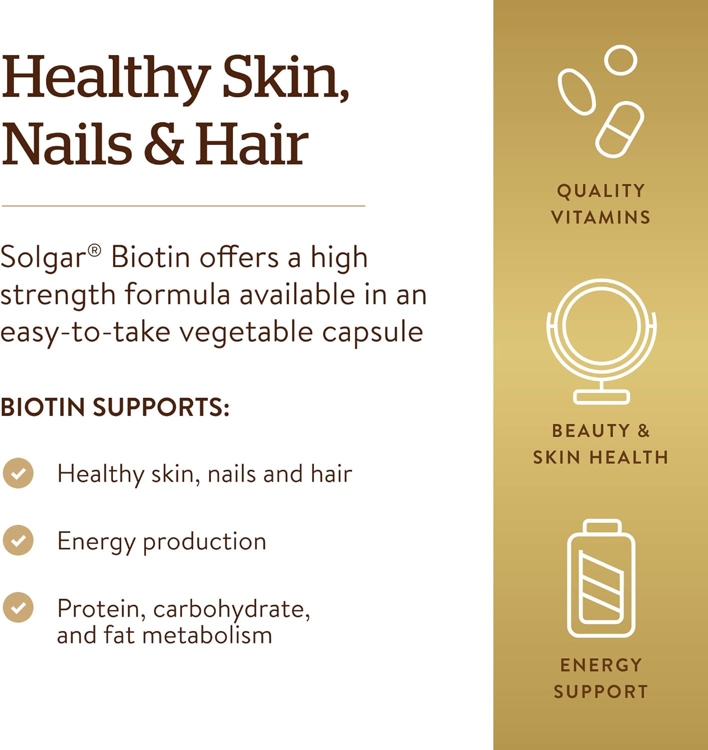 Solgar Biotin 1000 mcg Capsules - Promotes Healthy Skin, Nails & Hair - Energy Metabolism Support - Enhanced Potency - Non-GMO, Vegan, Gluten Free - 250 Servings