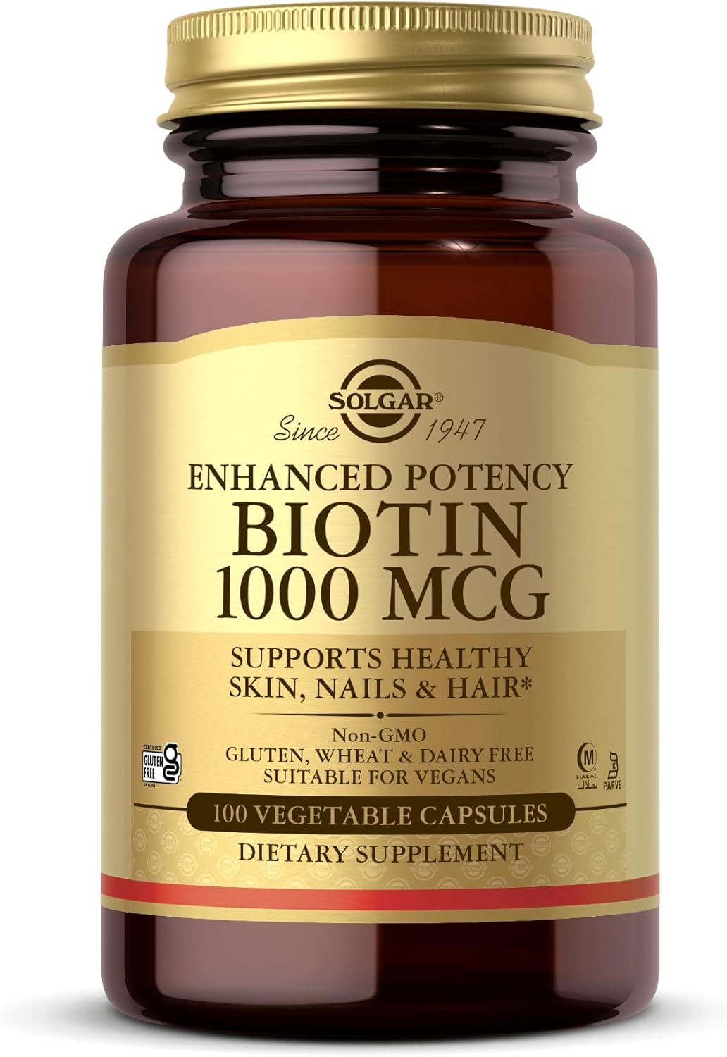 Solgar Biotin 1000 mcg Capsules - Vegan & Gluten-Free Hair, Skin, and Nail Support - 100 Servings