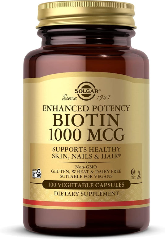 Solgar Biotin 1000 mcg Capsules - Vegan & Gluten-Free Hair, Skin, and Nail Support - 100 Servings