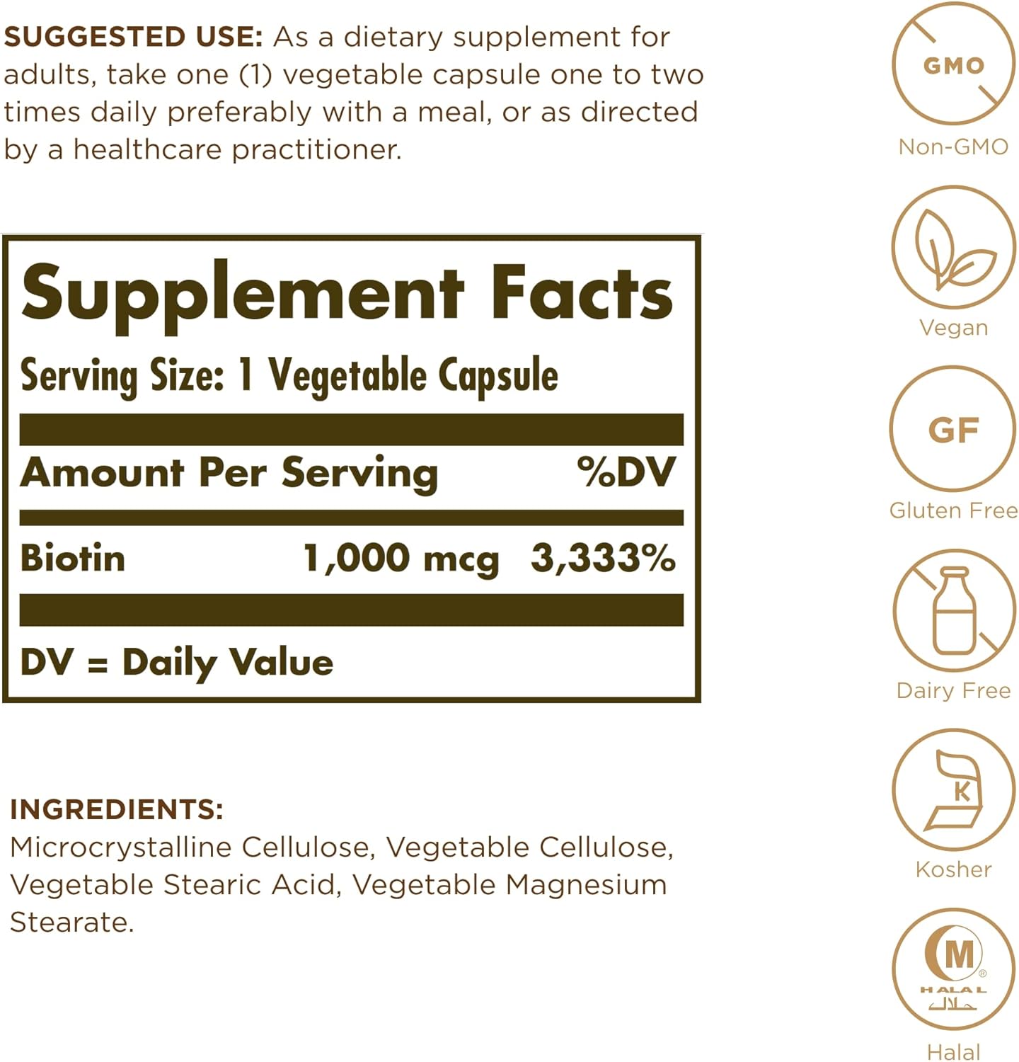Solgar Biotin 1000 mcg Capsules - Vegan & Gluten-Free Hair, Skin, and Nail Support - 100 Servings