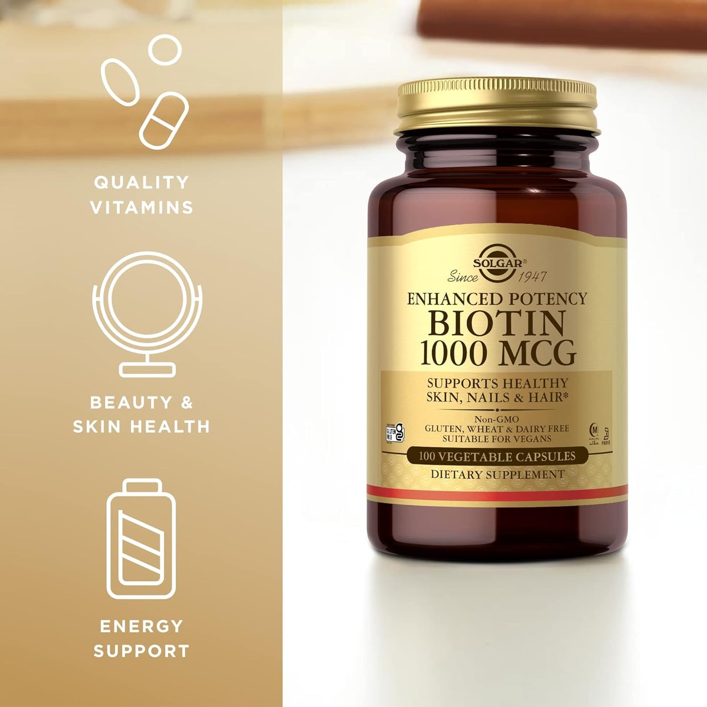 Solgar Biotin 1000 mcg Capsules - Vegan & Gluten-Free Hair, Skin, and Nail Support - 100 Servings