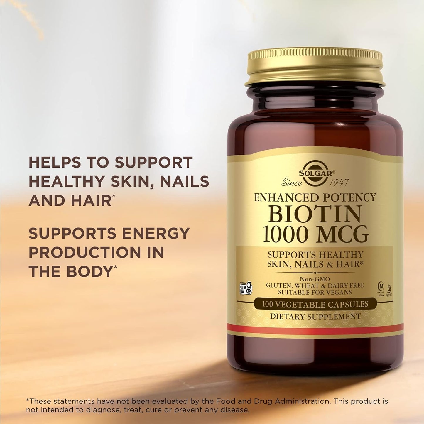 Solgar Biotin 1000 mcg Capsules - Vegan & Gluten-Free Hair, Skin, and Nail Support - 100 Servings