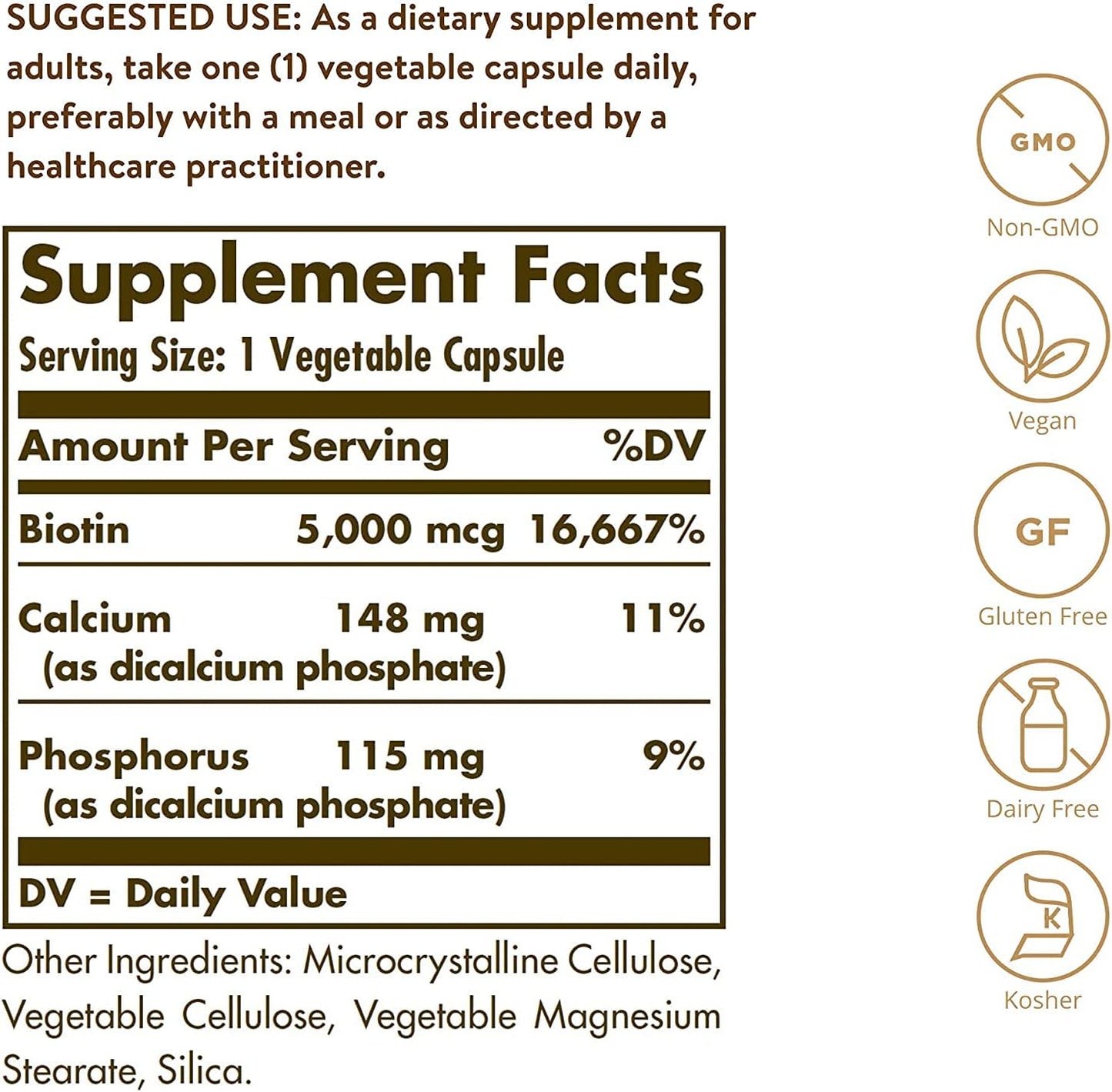 Solgar Biotin 5000 mcg Capsules - Promotes Healthy Skin, Nails & Hair Growth - Boosts Energy & Metabolism - Vitamin B7 Supplement - Non-GMO, Vegan, Gluten-Free - 180 Count Bottle