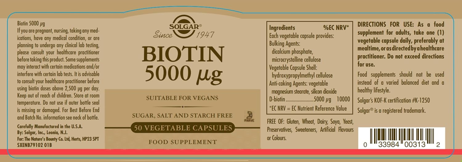 Solgar Biotin 5000 mcg Capsules - Promotes Healthy Skin, Nails & Hair - Non-GMO, Vegan, Gluten Free - 50 Servings