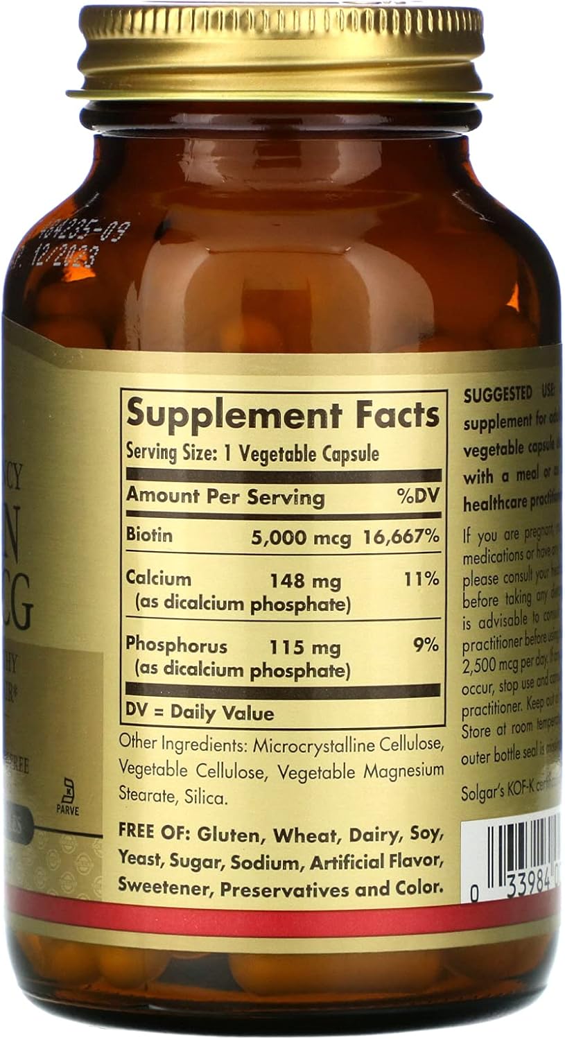 Solgar Biotin 5000 mcg Capsules - Promotes Healthy Skin, Nails & Hair Growth - Boosts Energy & Metabolism - Vitamin B7 Supplement - Non-GMO, Vegan, Gluten-Free - 180 Count Bottle