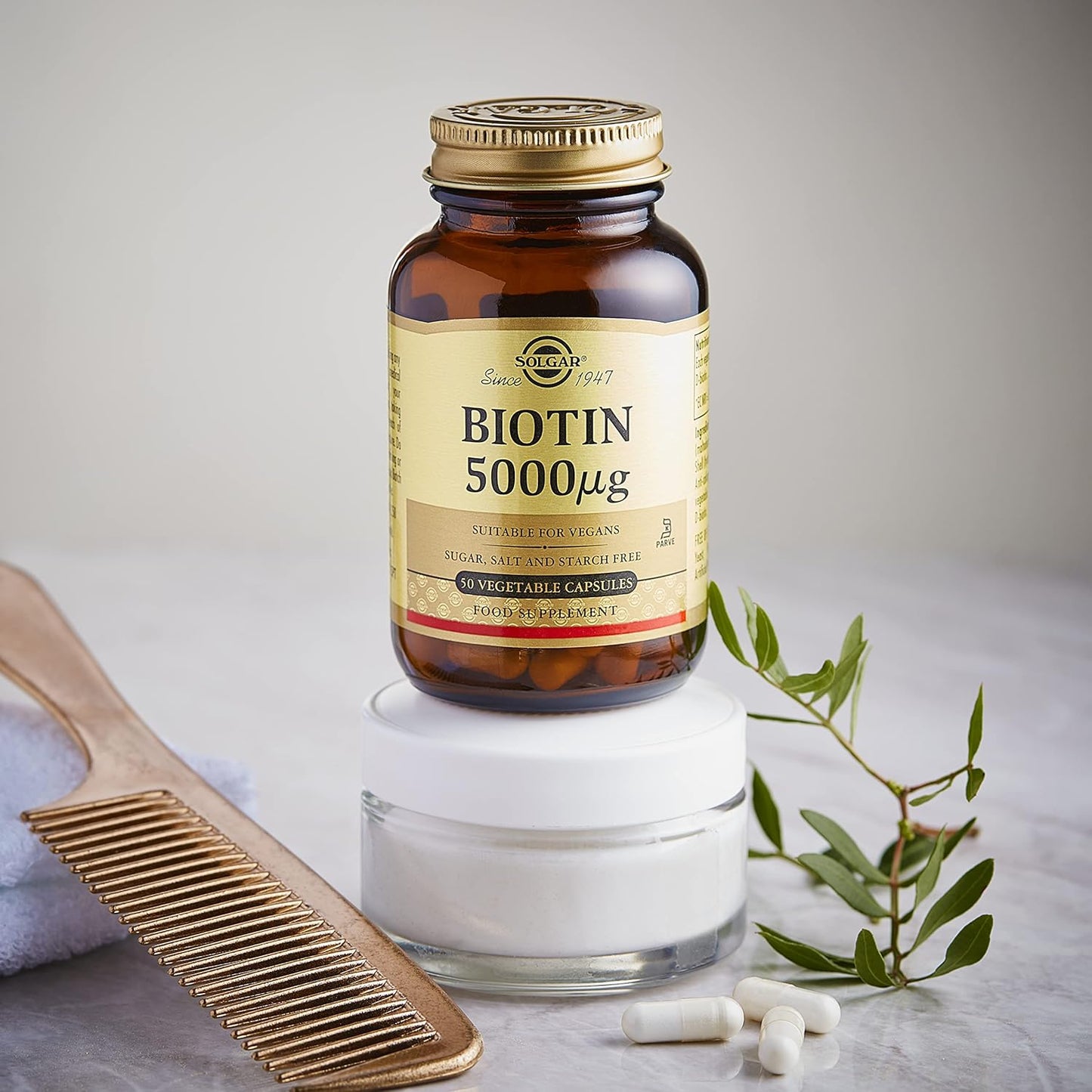 Solgar Biotin 5000 mcg Capsules - Promotes Healthy Skin, Nails & Hair - Non-GMO, Vegan, Gluten Free - 50 Servings
