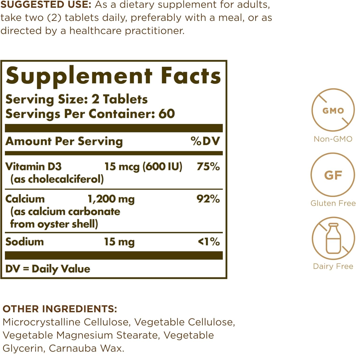 Solgar Calcium "600" Tablets with Vitamin D3 - 240 Count - Non-GMO, Gluten Free, Dairy Free - Oyster Shell Derived