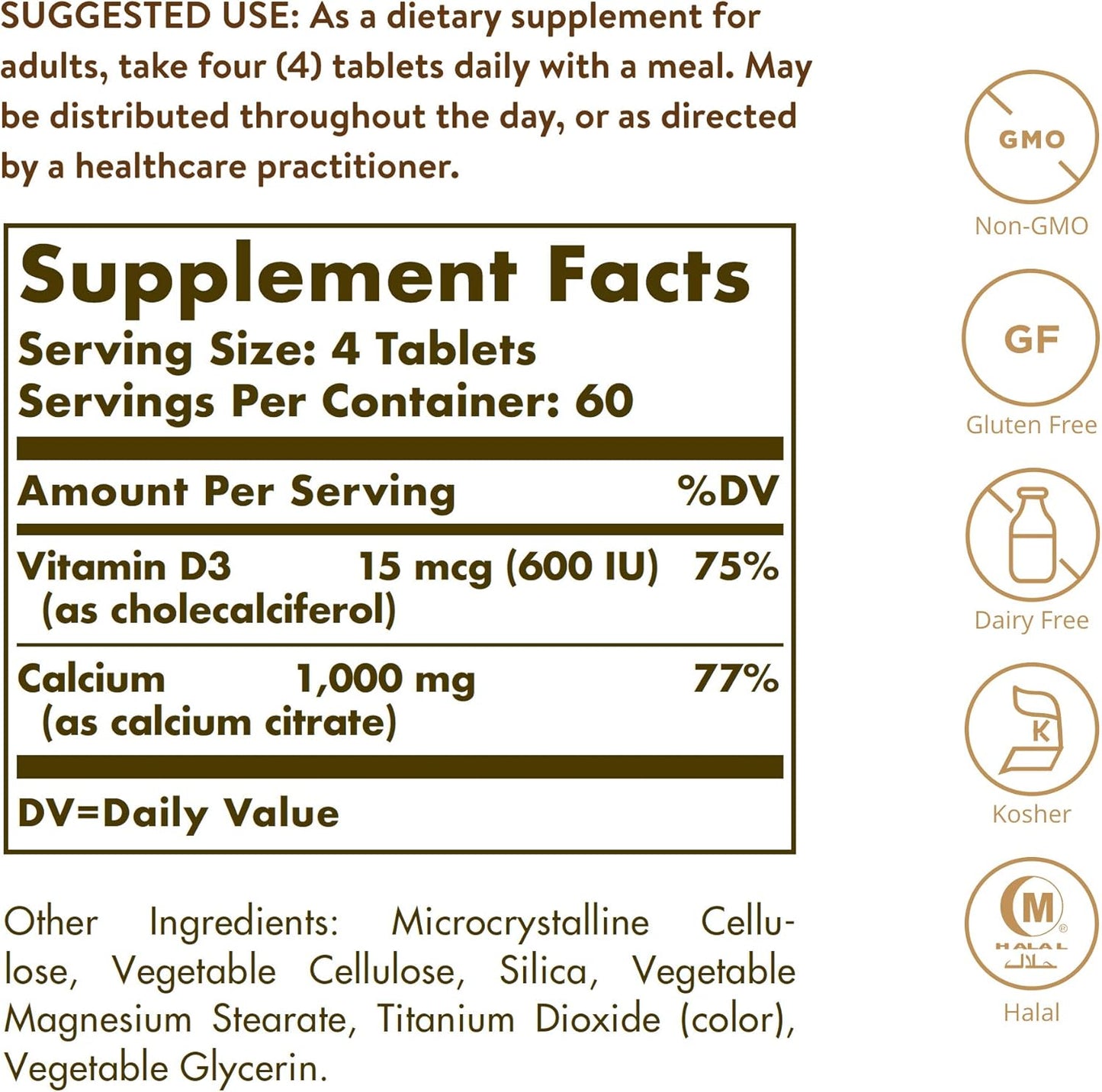 Solgar Calcium Citrate with Vitamin D3 Tablets - Supports Bone Health, Musculoskeletal, & Nervous Systems - Non-GMO, Gluten Free, Dairy Free - 60 Servings
