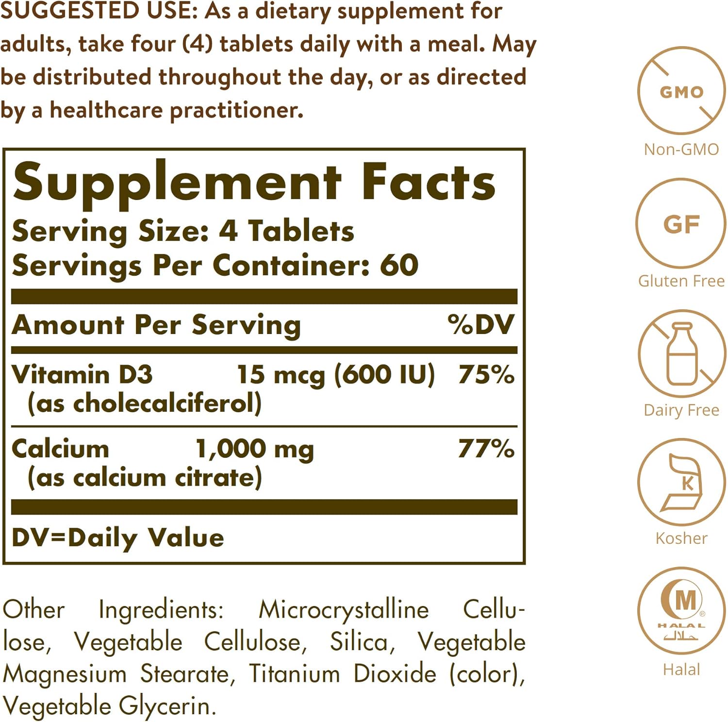 Solgar Calcium Citrate with Vitamin D3 Tablets - Supports Bone Health, Musculoskeletal, & Nervous Systems - Non-GMO, Gluten Free, Dairy Free - 60 Servings
