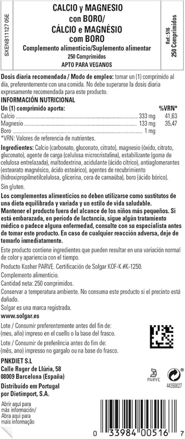 Solgar Calcium Magnesium Boron Tablets - 250 Count - Non-GMO, Vegan, Gluten Free, Dairy Free - 83 Servings