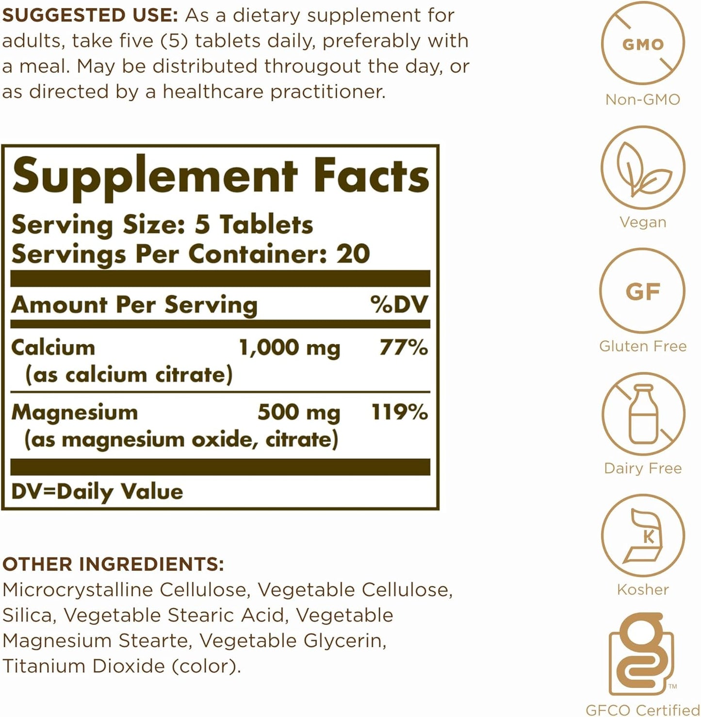 Solgar Calcium Magnesium Citrate Tablets - 100 Tablets x 2 Packs - Non-GMO, Vegan, Gluten Free, Kosher - 40 Servings