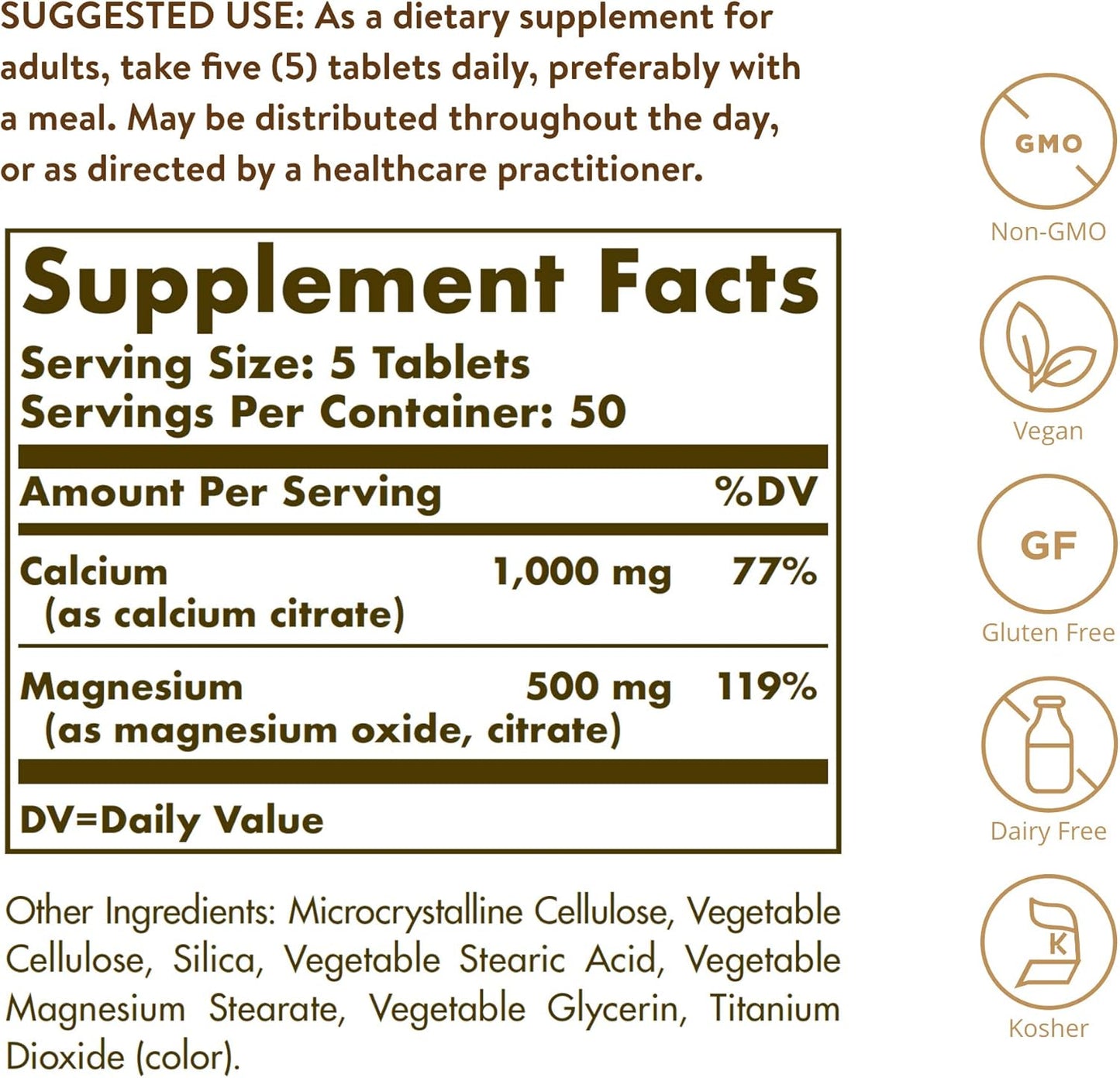 Solgar Calcium Magnesium Citrate Tablets for Healthy Bones & Teeth - Musculoskeletal Support - Highly Absorbable Formula - Non-GMO, Vegan, Gluten & Dairy Free - 50 Servings