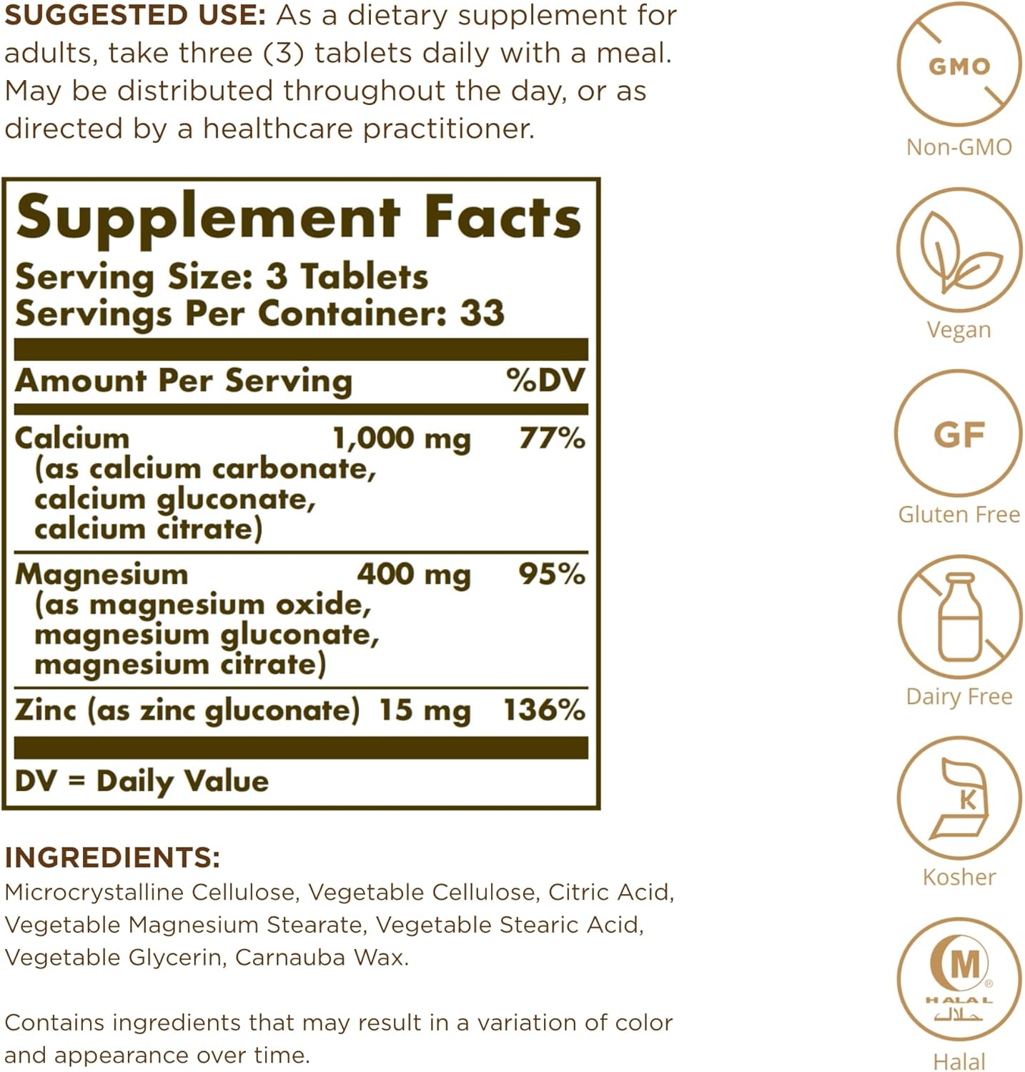 Solgar Calcium Magnesium Zinc Tablets - 300 Count - Supports Bone Health, Nerve & Muscle Function - Non-GMO, Vegan, Gluten-Free - 100 Servings