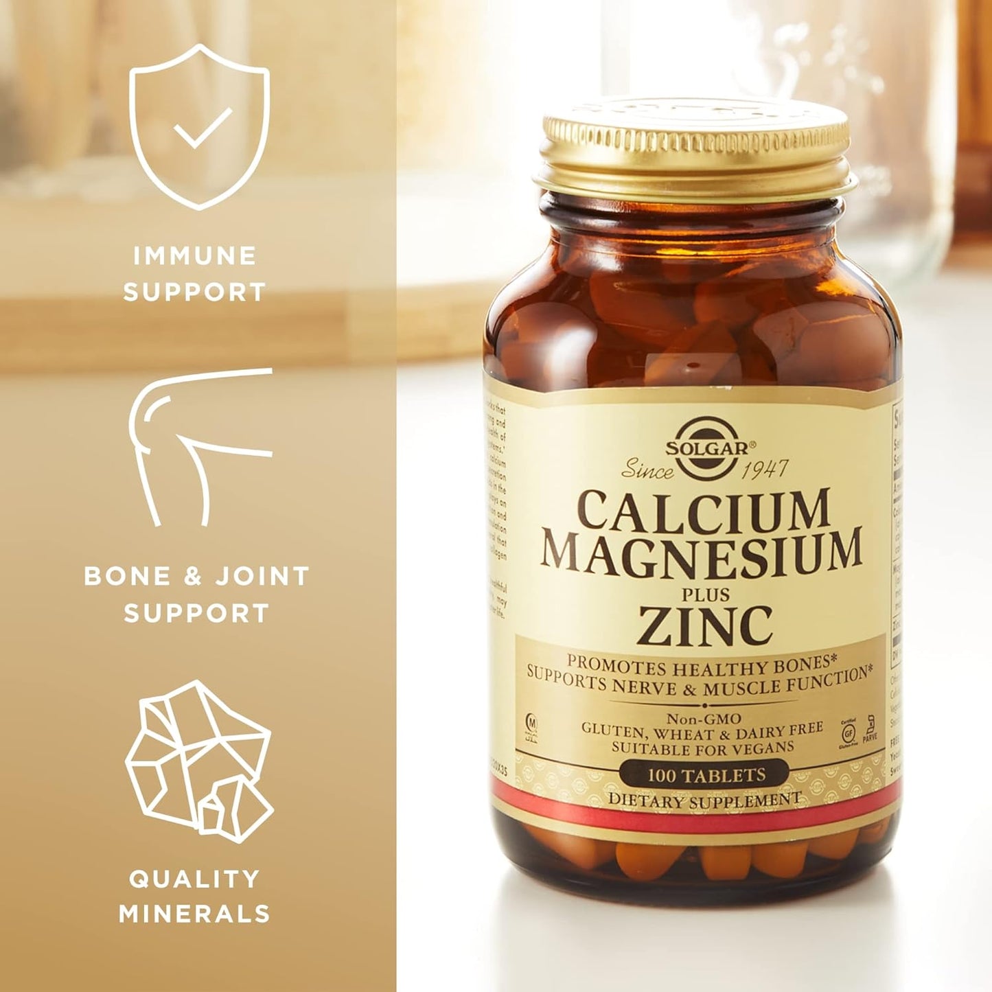 Solgar Calcium Magnesium Zinc Tablets - 300 Count - Supports Bone Health, Nerve & Muscle Function - Non-GMO, Vegan, Gluten-Free - 100 Servings