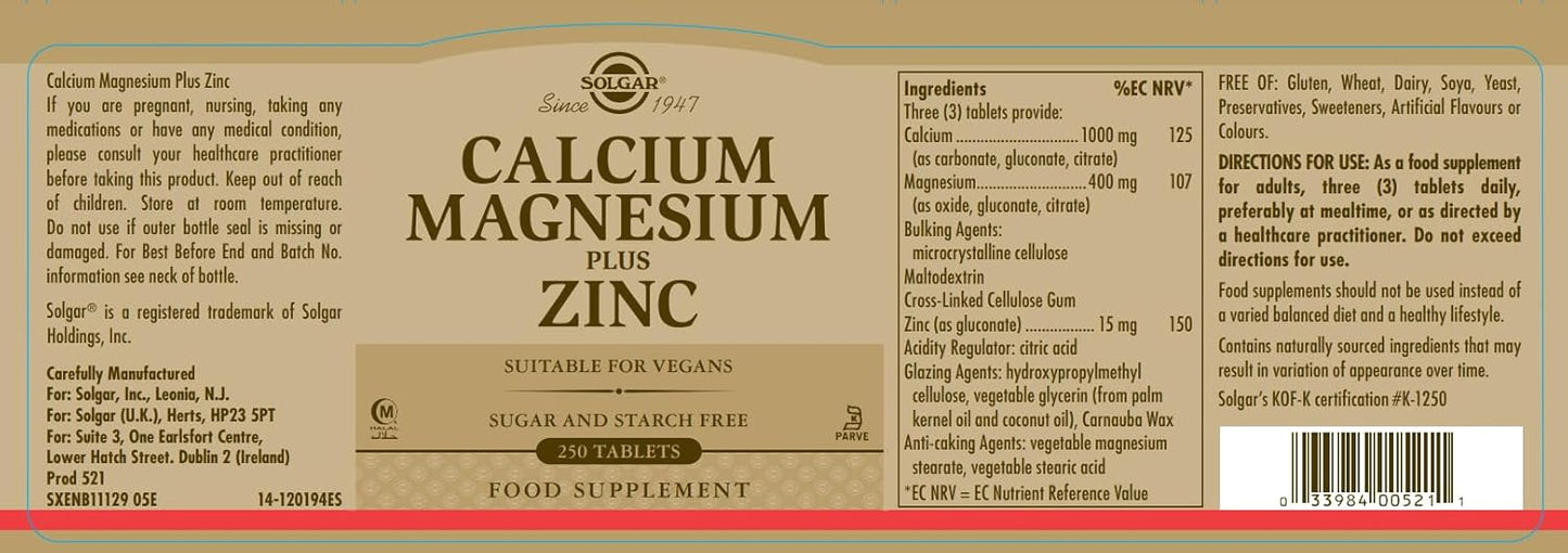 Solgar Calcium Magnesium Zinc Tablets - Supports Bone & Tooth Health - Nerve & Muscle Function - Non GMO, Vegan, Gluten & Dairy Free