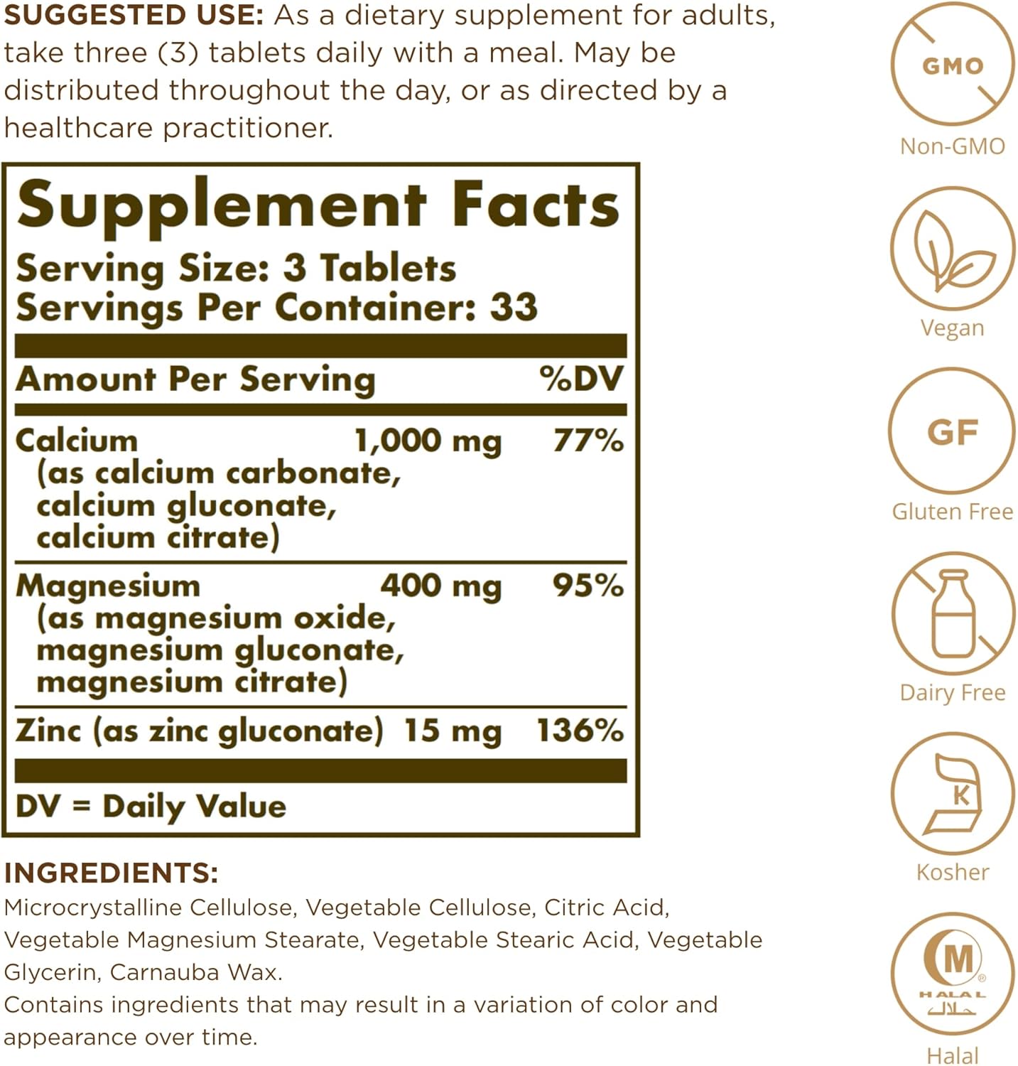 Solgar Calcium Magnesium Zinc Tablets x 200 - Bone Health, Nerve & Muscle Support - Non-GMO, Vegan, Gluten-Free - 66 Servings