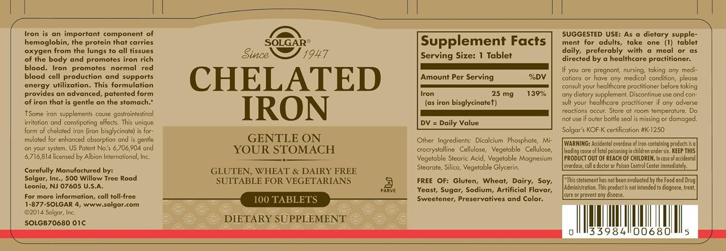 Solgar Chelated Iron Tablets - 100 Count, High Absorption Iron Supplement for Energy Support
