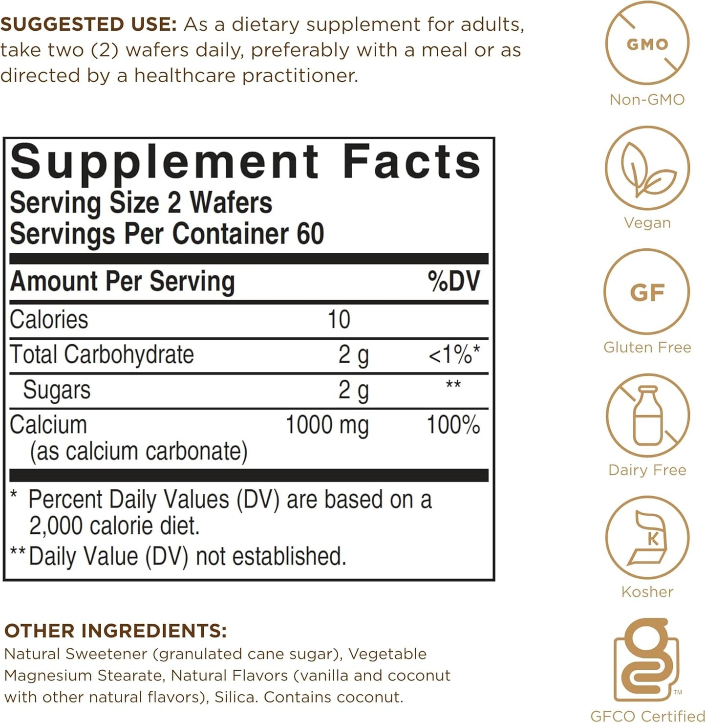 Solgar Chewable Calcium Wafers 500 mg - 120 Count - Supports Musculoskeletal Health - Non-GMO, Vegan, Gluten & Dairy Free