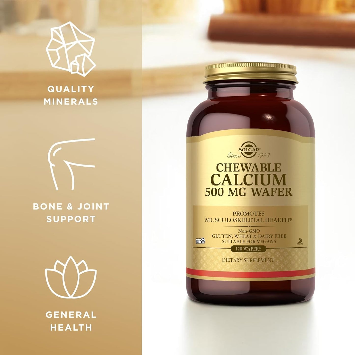 Solgar Chewable Calcium Wafers 500 mg - 120 Count - Supports Musculoskeletal Health - Non-GMO, Vegan, Gluten & Dairy Free