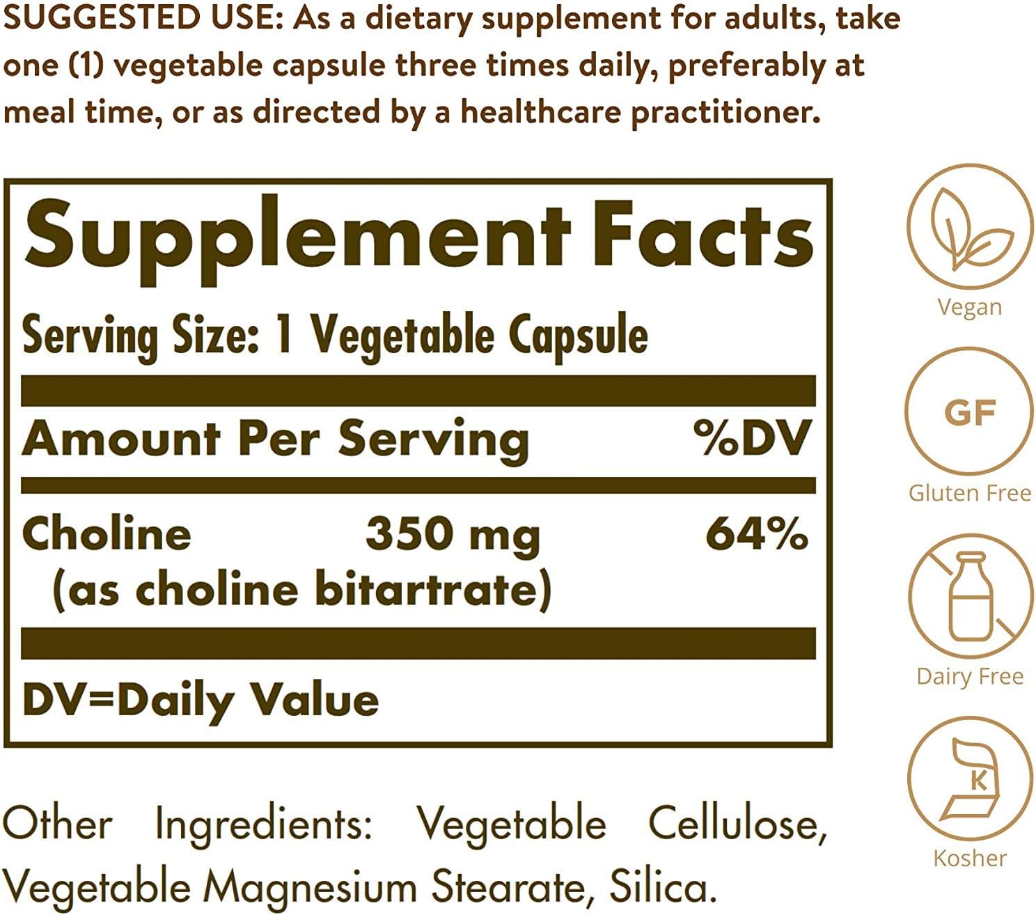 Solgar Choline 350mg 100 Vcaps - 2 Pack - Dietary Supplement