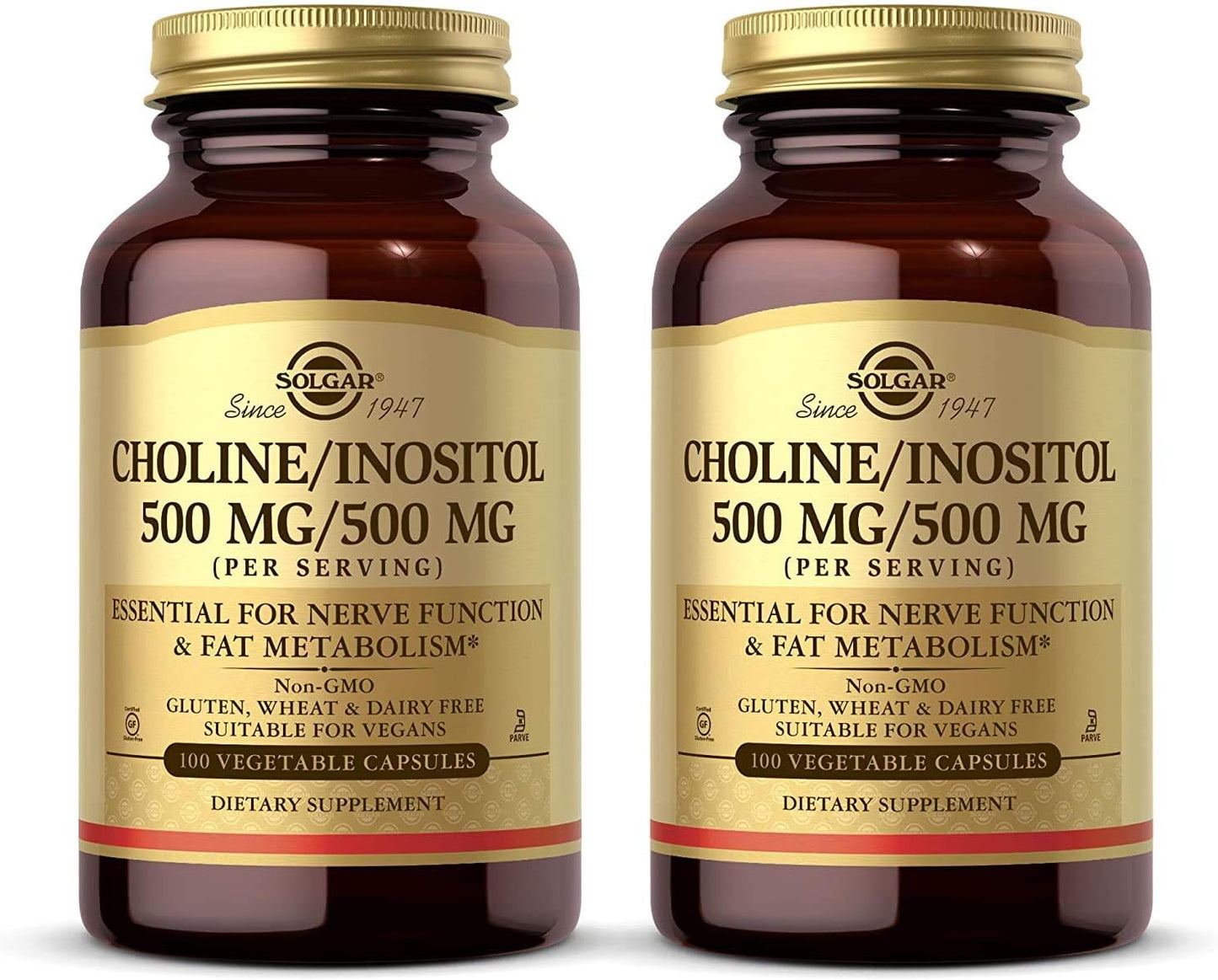 Solgar Choline Inositol 500mg Capsules - 100 Veg Caps, Pack of 2 - Non-GMO, Vegan, Kosher, Gluten Free, Dairy Free - 100 Servings