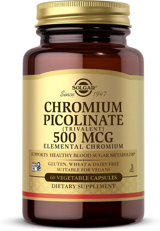 Solgar Chromium Picolinate 500 mcg Capsules - Supports Metabolism of Sugar, Fat & Protein - Non-GMO, Gluten Free, Kosher - 60 Veg Caps