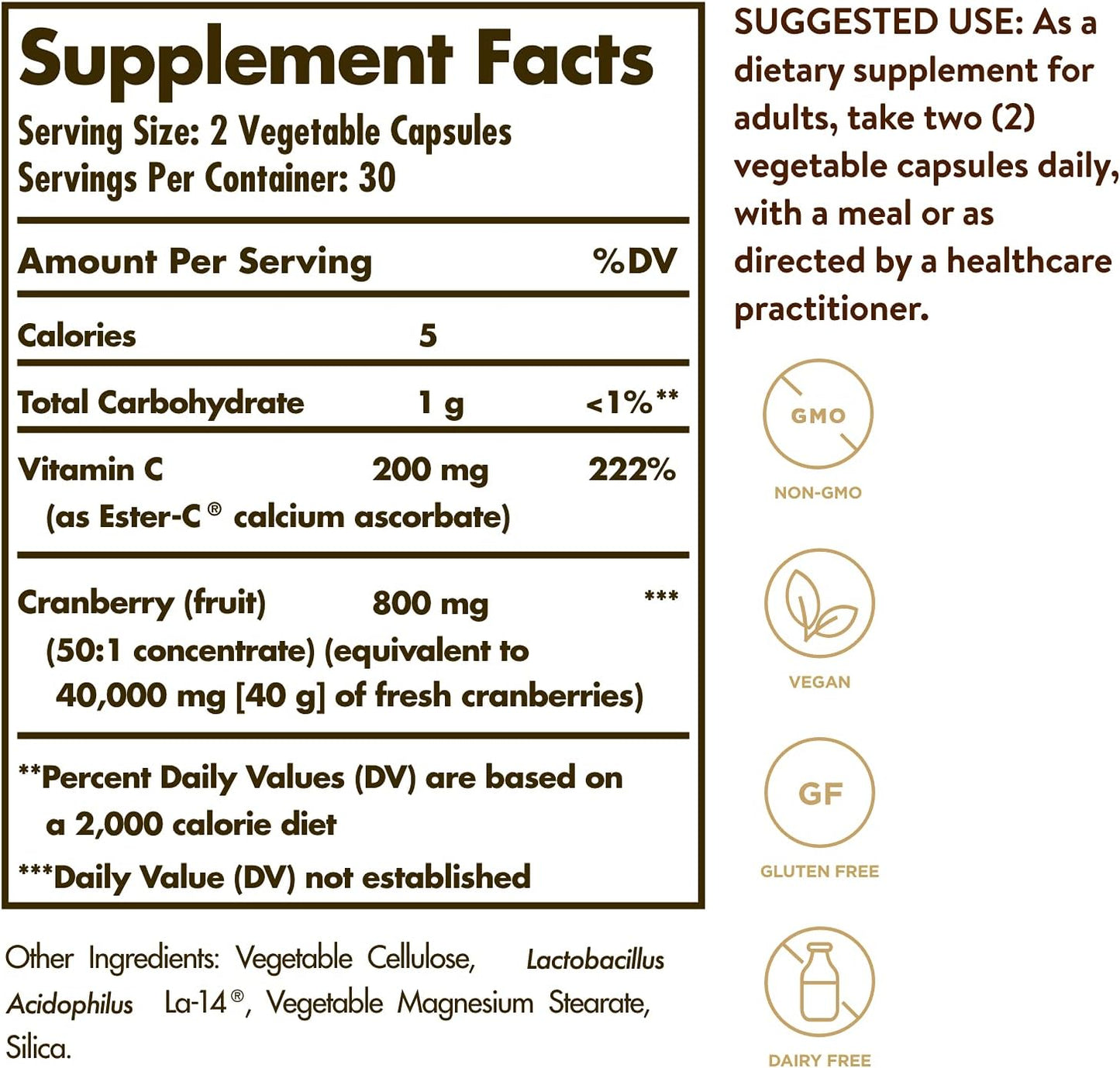 Solgar Cran Flora Capsules with Probiotics, Ester-C, and Cranberry Powder - Supports Urinary Tract, Immune, and Intestinal Health - Non-GMO, Vegan, Gluten-Free, Dairy-Free - 60 Veggie Capsules