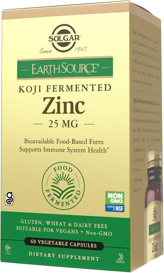 Solgar Earth Source Food Fermented Koji Zinc Capsules - Immune & Skin Health Support - Non-GMO, Vegan, Gluten-Free, Kosher - 60 Servings - BoostGo Australia
